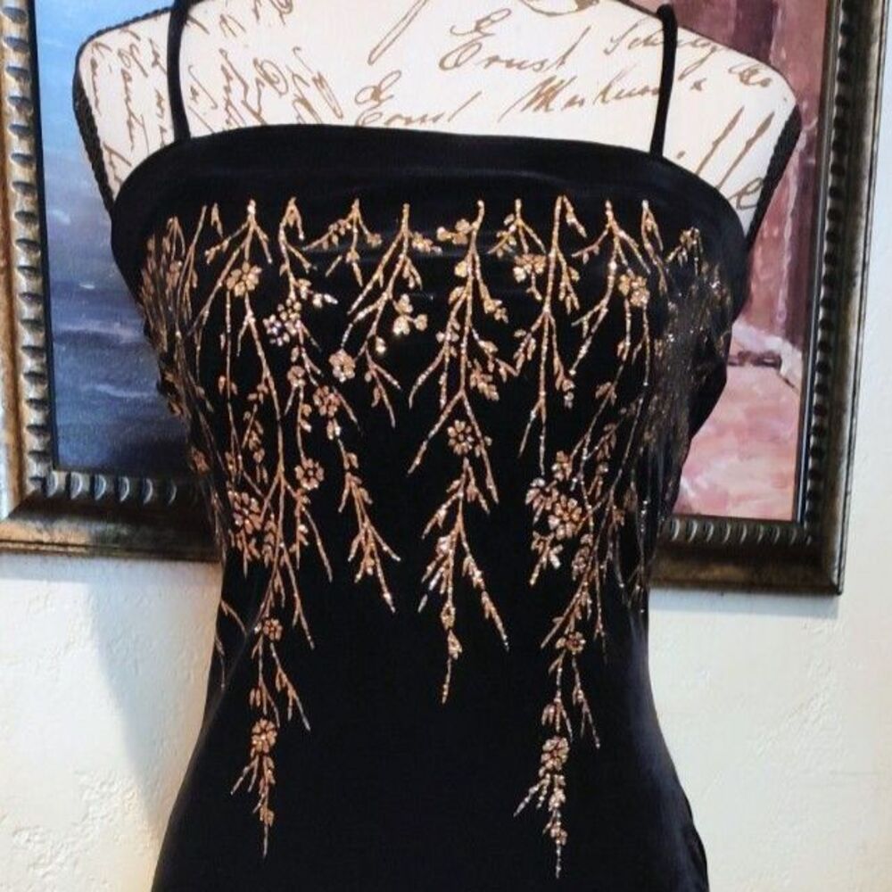 Status Collection Long Black Velvet Formal gown with Gold Glitter Embellishments